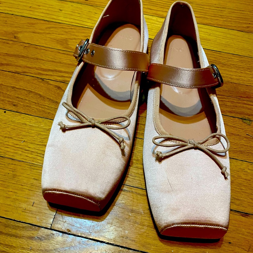 Mango Satin Loafers with Strap in peach.